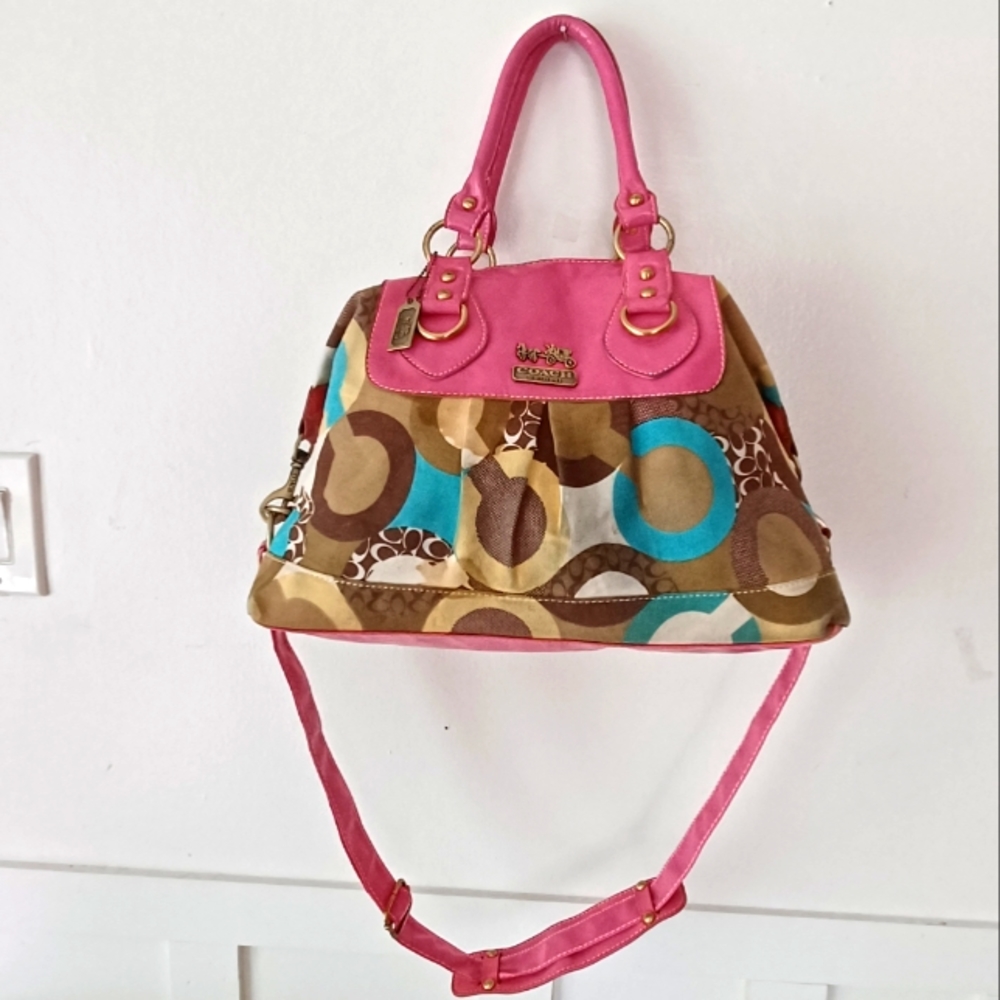 COACH  Style Signature Purse Bag Tote Brown/Pink/Teal   Med